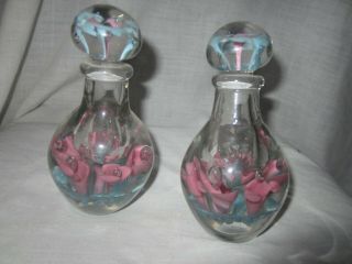 St.  Clair Art Glass Trumpet Flower Paperweight Perfume Bottles Matching Stoppers