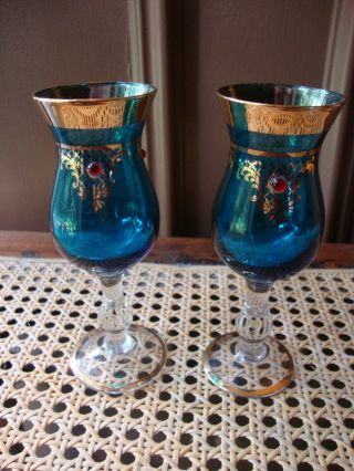Antique Vtg Bohemian Czech Moser Glass Hand Blown Blue Cordials Gold Gild