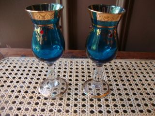 Antique Vtg Bohemian Czech Moser Glass Hand Blown Blue Cordials Gold Gild 2