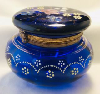 Antique 1880s Moser Victorian Art Cobalt Glass Enamel Gilt Hp Dresser Box Jar