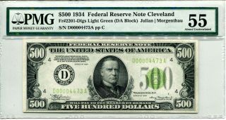 1934 $500 Federal Reserve Note Cleveland Fr 2201 - Dlgs Light Green Pmg Au 55.