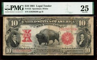 Fr.  122 - 1901 Bison $10 Legal Tender " Soiling " - Pmg 25 (e38296580)