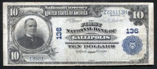 1902 $10 The First National Bank Of Gallipolis,  Oh National Currency Ch.  136