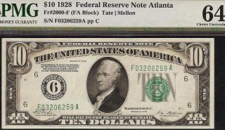 Unc 1928 $10 Dollar Atlanta Numerical Frn Gold On Demand Note Fr 2000 - F Pmg 64