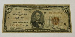 1929 $5 Federal Reserve Bank Of Ny Star Note Very Scarce,  Low Serial Number Chn