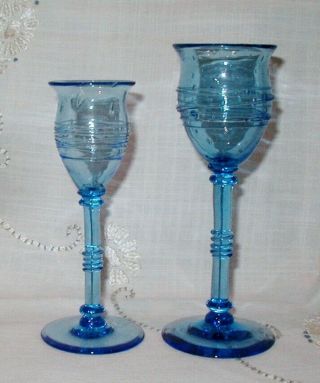 Steuben Art Glass French Blue Reeded/threaded & Bubbles Cordial Signed 6 3/4 "