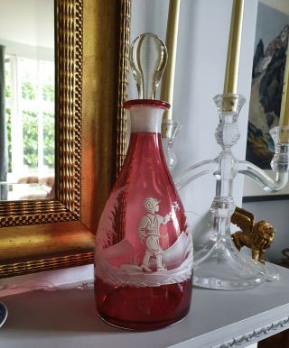Antique Hand Painted Mary Gregory Cranberry Glass Decanter Boy With Bird Swift