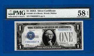 Fr.  1601 $1 1928 A Silver Certificate Funny Back Fancy Serial F 66666607 A Pmg