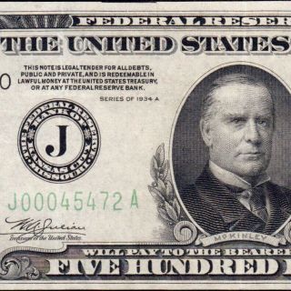 Scarce Kansas City 1934a $500 Five Hundred Dollar Bill 1000 Fr.  2202 - J J00045472a