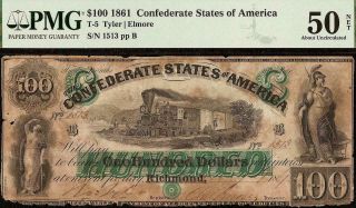 1861 $100 Confederate States Currency Civil War Note Only 5,  798 Issued T - 5 Pmg