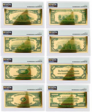 8 Piece Set 1928 $10 - $10,  000 24KT Gold Certificate Commemorative Set PMG Gem Unc 2