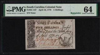 Sc - 147 " Signed By: Charles Pinckney " Pmg Cu64 5s 1778 South Carolina Currency