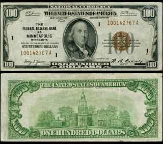 Fr.  1890 I $100 1929 Federal Reserve Bank Note Minneapolis Vf,