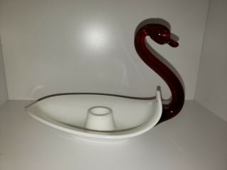 Rare Duncan Miller Milk Glass Swan Candle Holder With Red Ruby Neck Head 7 3/4 "
