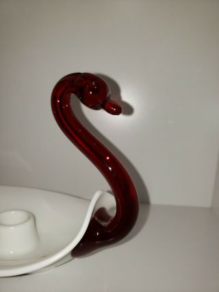 RARE DUNCAN MILLER MILK GLASS SWAN CANDLE HOLDER WITH RED RUBY NECK HEAD 7 3/4 