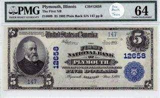 Plymouth,  Illinois The First National Bank $5 1902 Pb Ch 12658 Pmg 64