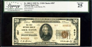 1929 $20 1st Nb Of Lock Haven,  Pa Fr 1802 - 2 Ty.  2 Ch 507 Vf25 A000536