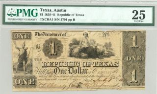 Pmg Very Fine 25 $1 Banknote Issued By The Republic Of Texas July 1,  1841