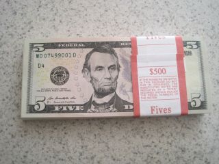 100 Five Dollar Bills $5 Paper Money Bep Pack Bundle Stack - Uncirculated
