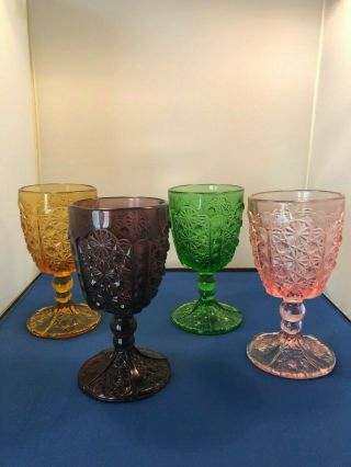 4 L.  G.  Wright Buttons & Daisy Water Goblets - Pink,  Amethyst,  Green,  Amber 6 "