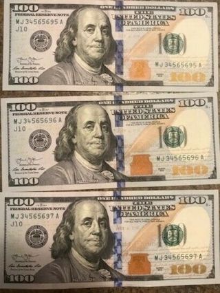 3 - Us $100 Notes Consecutive Serial Numbers One Hundred Dollar Bills 2013 Unc