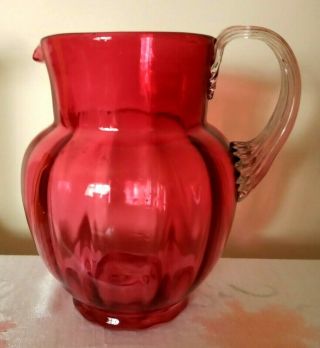Victorian Cranberry Glass Jug With Clear Celery Handle C1880,  No Chips