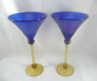 (2) Rick Strini 10 " Martini Glasses Blue W/gold Stems Iridescent Art Glass