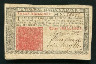 Nj - 177 March 25,  1776 3s Three Shillings Jersey Colonial Currency Note Au.