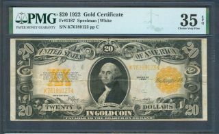 $20 Gold Certificate Series 1922,  Pmg Choice Very Fine 35 Epq