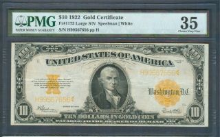 $10 Gold Certificate Series 1922,  Pmg Choice Very Fine 35