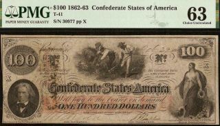 Unc 1862 $100 Dollar Bill Confederate States Note Civil War Money T - 41 Pmg 63