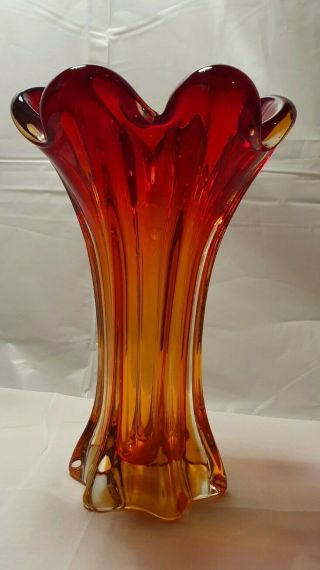 Mid - Century Italian Red Orange Murano Glass Vase By Flavio Poli,  1981