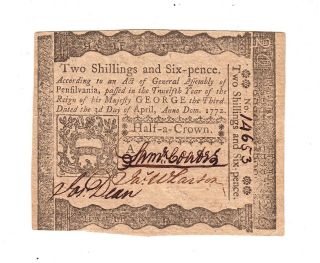 1772 Pennsylvania Colonial Currency Two Shillings Six Pence Note Us