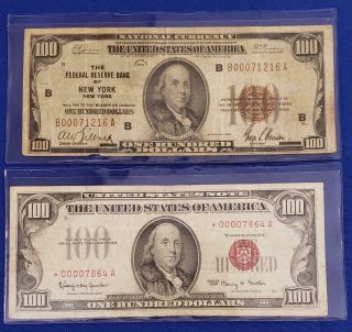 2 - Us $100 Note 1966 Red Seal Usn Fr 1550 Star Scarce 1929 $100 Fed Res Ny L8100