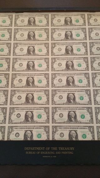 1988 Authentic Uncut Sheet Of 32 X $1 Dollar Uncirculated Federal Reserve Notes