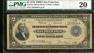Us Paper Money 1918 $2 San Francisco Frbn Battleship Pmg Vf20