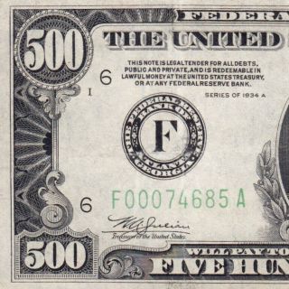 Very Fine 1934a $500 Atlanta,  Ga Five Hundred Dollar Bill 1000 Fr2202 F00074685a
