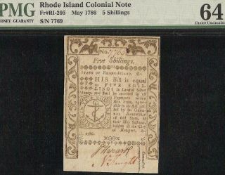 Unc 1786 Rhode Island Colonial Currency Note Paper Money Ri - 295 Pmg Unc 64