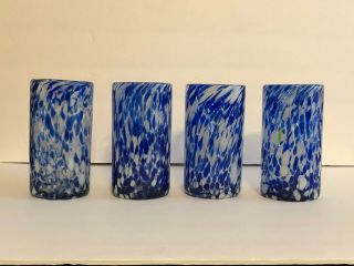 4 Pier 1 Blue White Confetti Tumbler Glasses Hand Blown Studio Art 6 " Heavy