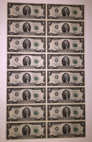 Series 1976 Uncut Sheet Of 16 $2 Dollar Star Note Uncirculated Us Currency Bills