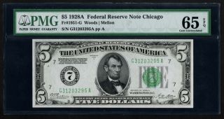 Fr.  1951 - G $5 1928a Chicago Federal Reserve Note Pmg Gem 65 Epq