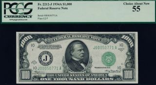 Fr.  2212 1934a $1000 Federal Reserve Note Kansas City Pcgs 55