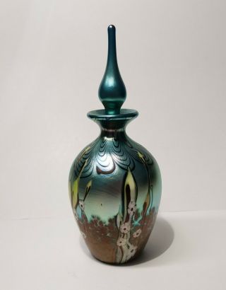 Okra Iridescent Art Glass Perfume Bottle,  Signed D Barras (dave Barras) Ca.  1980s