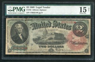 Fr.  42 1869 $2 Two Dollars “rainbow” Legal Tender United States Note Pmg Fine - 15
