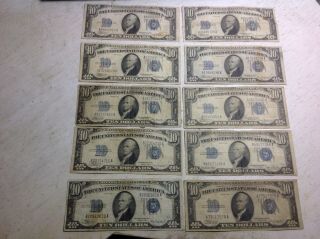 10 - 1934 $10 Ten Dollar Silver Certificates Blue Seal Circulated,  Stains
