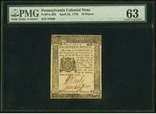 Pennsylvania Colonial Currency Pa - 202 April 25,  1776 18 Pence Pmg 63