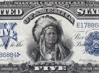 Crisp Choice Vf,  1899 $5 Indian Chief Silver Certificate 86884