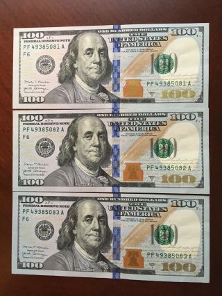 3 Crisp $100 Dollar Bill From 2017 Series A Consecutive Serial Numbers