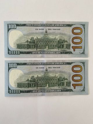 Two Uncirculated $100 One Hundred Dollar Bills in Sequential Consecutive Order 2