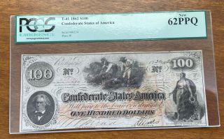 1862 $100 Confederate States Currency Civil War Slave Note T - 41 Pcgs 62 Ppq